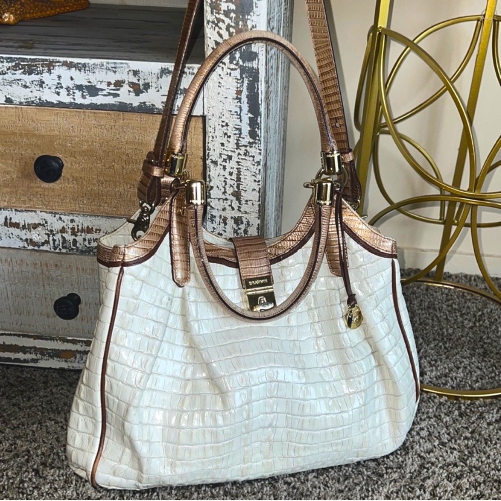 Brahmin Elisa Hobo Marshmellow Croc-Embossed with metallic tan trim